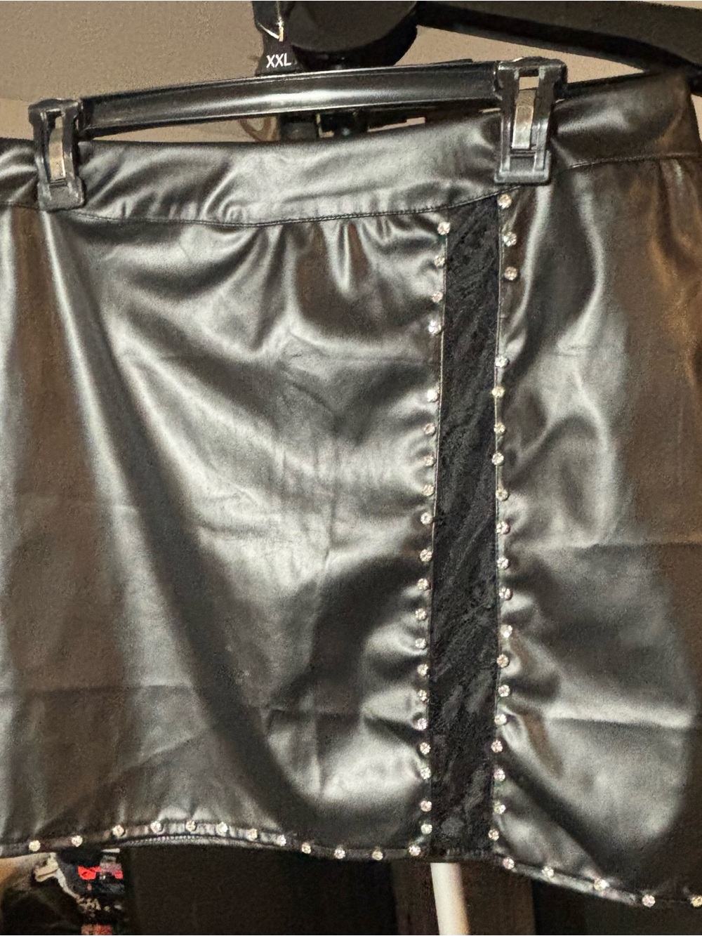 Black Faux Leather Mini Skirt with Stud and Lace Trim